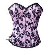 Pink Satin Black Tissue Flocking Gothic Burlesque Bustier Waist Training Overbust Corset Costume